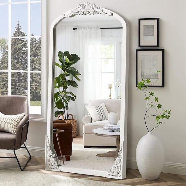 Arched White Wood Floor Mirror, Thick Frame for Farmhouse Decor