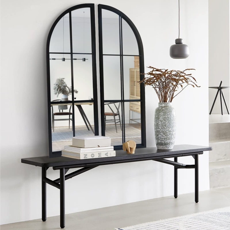 Arched Window Pane Wall Mirror Set: Matte Black Farmhouse Decor