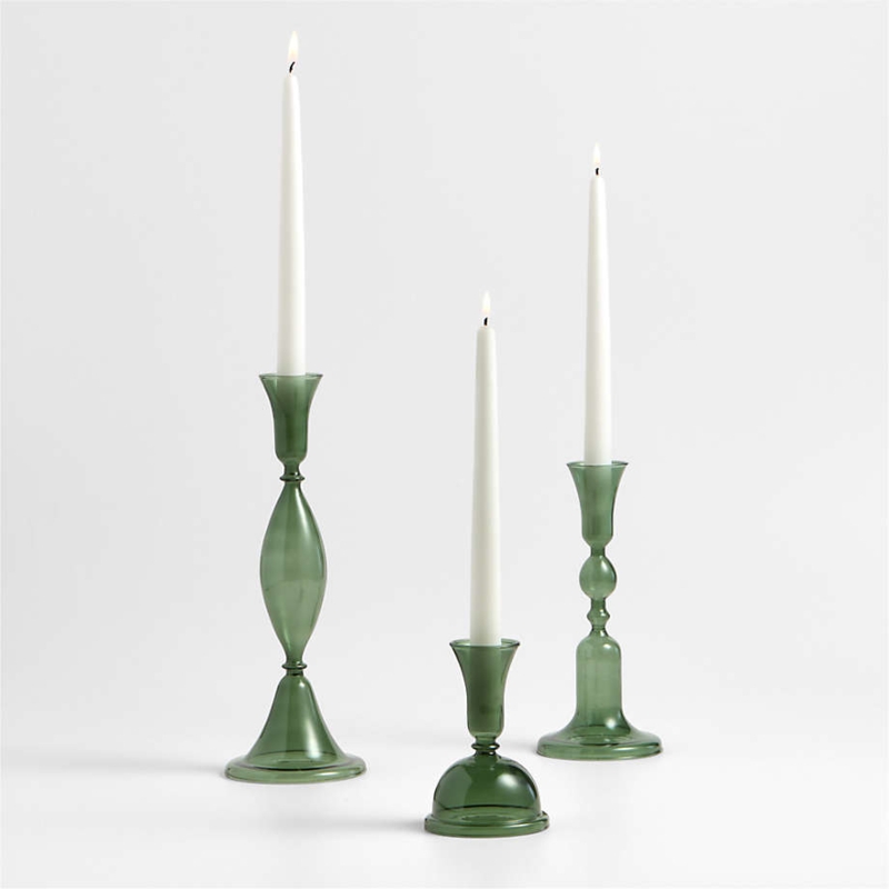 Architectural Emerald Glass Candle Holders Fluted Tiered Base Modern