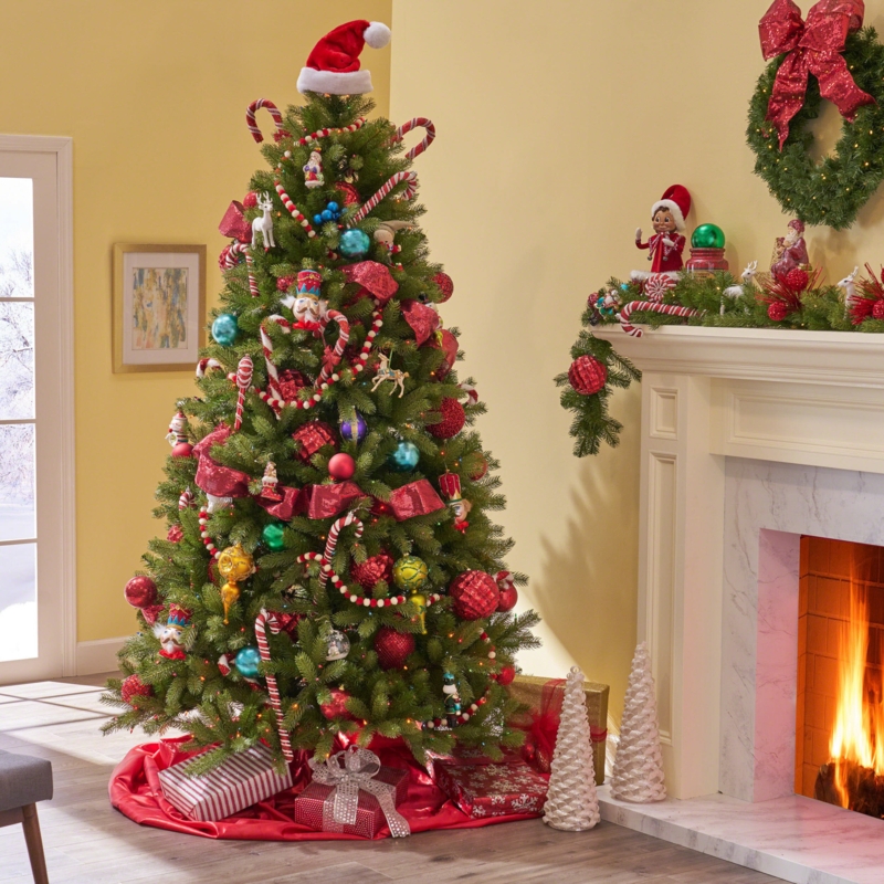 Artificial Christmas Tree: 7' Green Spruce, Pre-Lit Multicolor Lights