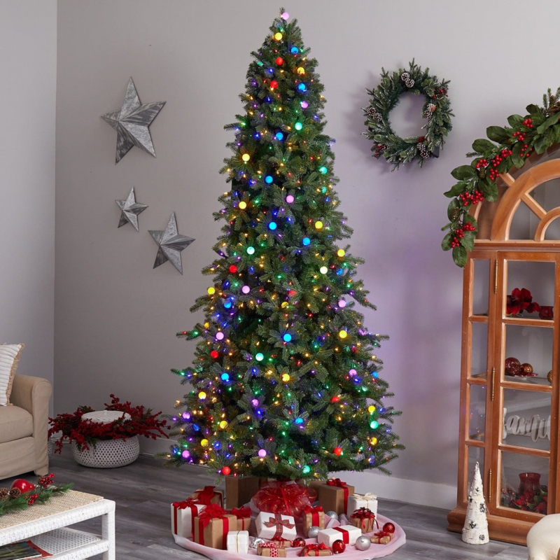 Artificial Christmas Tree: 9.5 Ft Mountain Fir, Pre-Lit Multi-Color LED