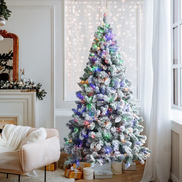 Artificial Christmas Tree: Flocked Pre-Lit Multi-Color LED, Snowy White