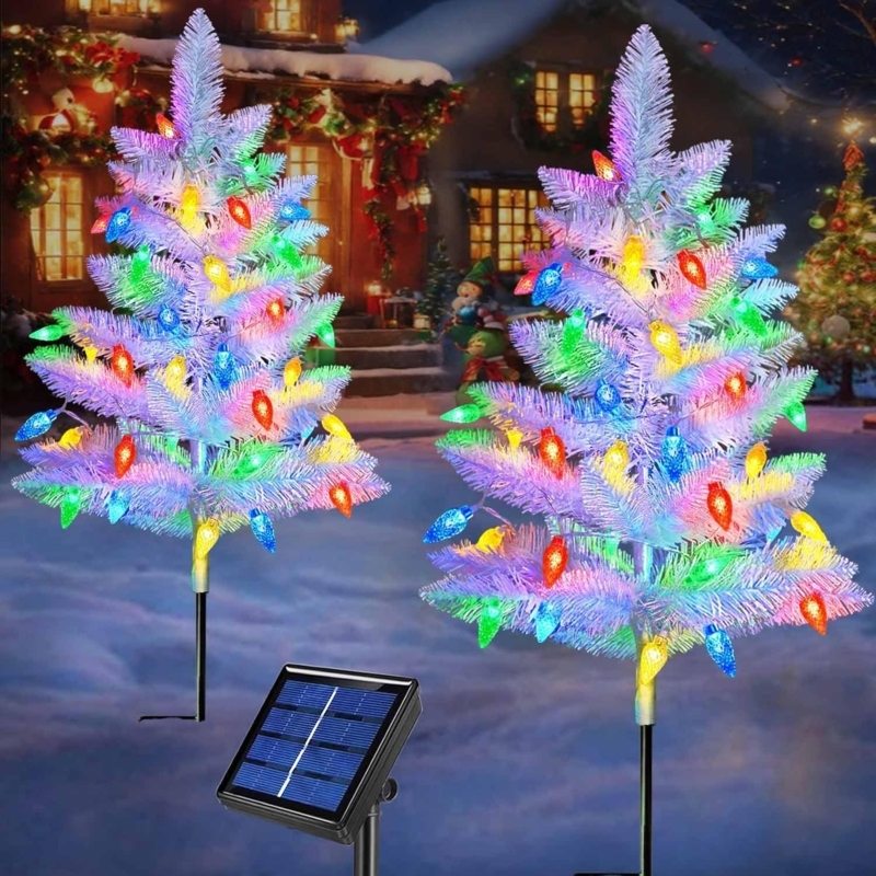 Artificial Christmas Tree Pair Solar Powered White Flocked Outdoor
