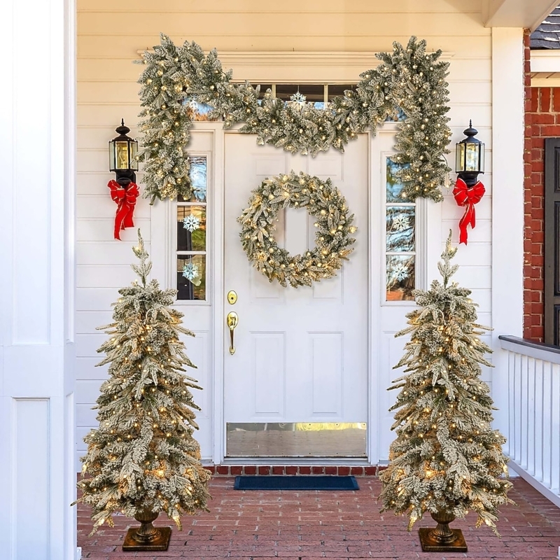 Artificial Christmas Tree Set 4-Piece, Pre-Lit Pedestal Urn Base Coordinated