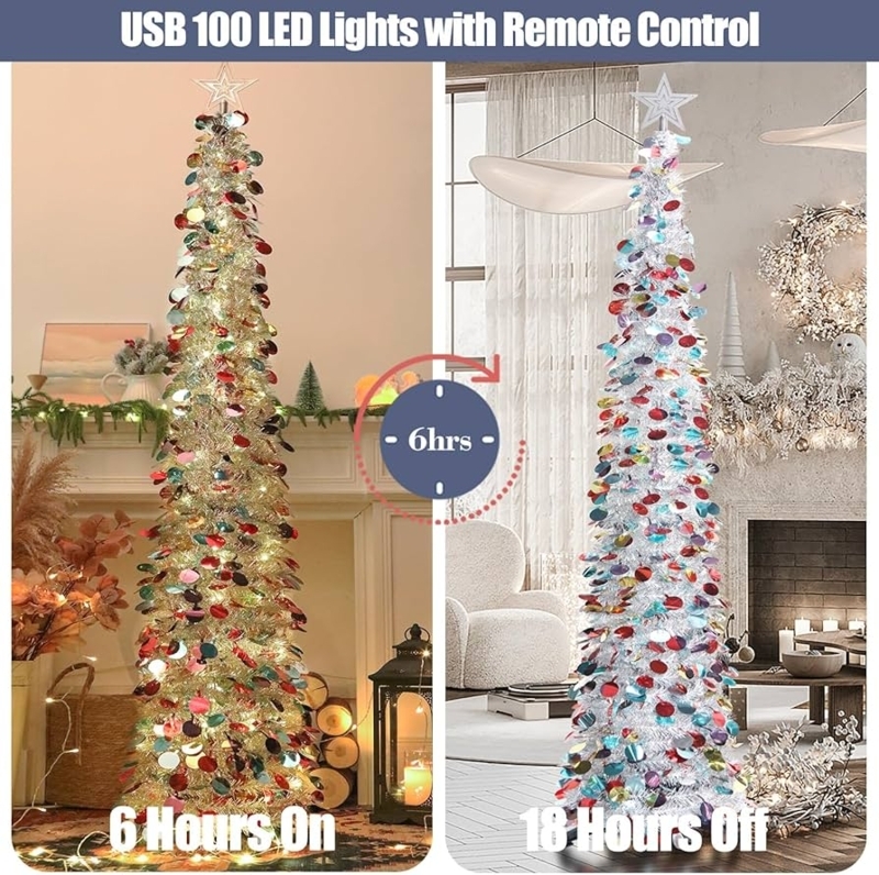 Artificial Christmas Tree Silver Tinsel Pencil Silhouette Pop Up Glam