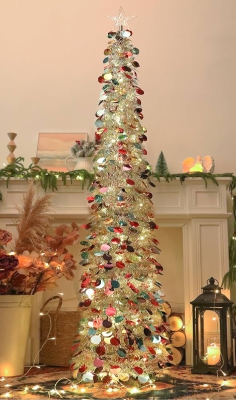 Artificial Christmas Tree Silver Tinsel Pop Up Design Slim
