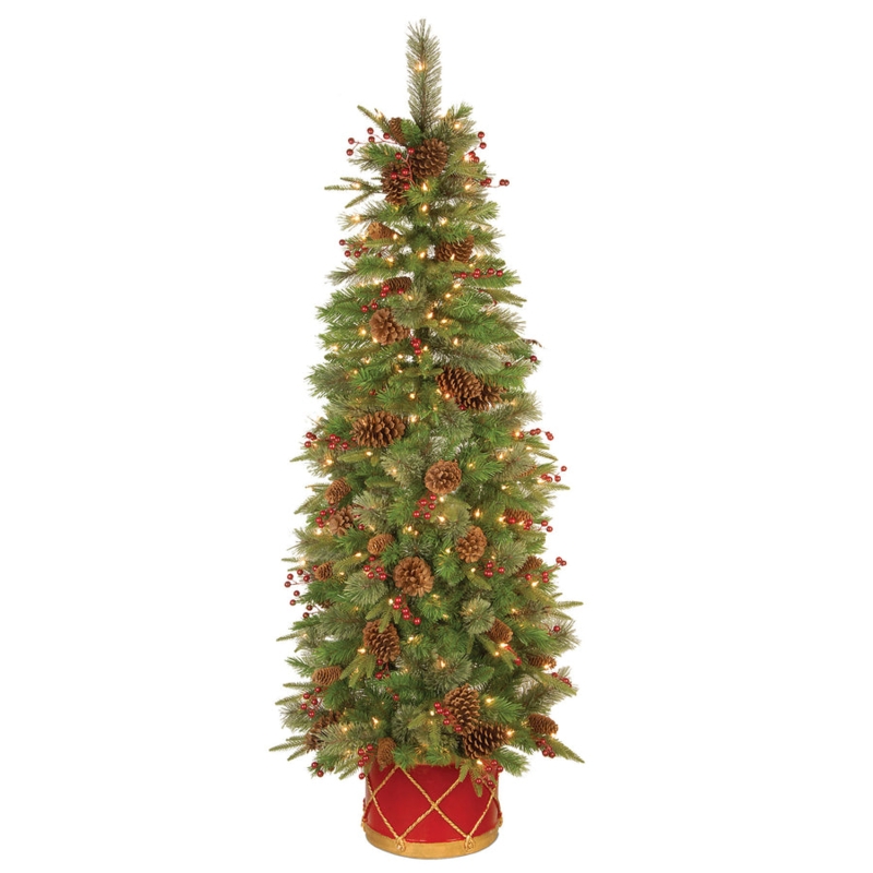 Artificial Christmas Tree Slim Pencil Pre-Lit Urn Base Small Space Greenery