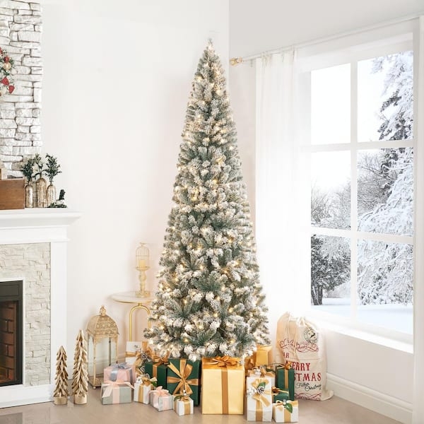 Artificial Christmas Tree Slim Profile Pre-Lit Flocked Pencil Tree