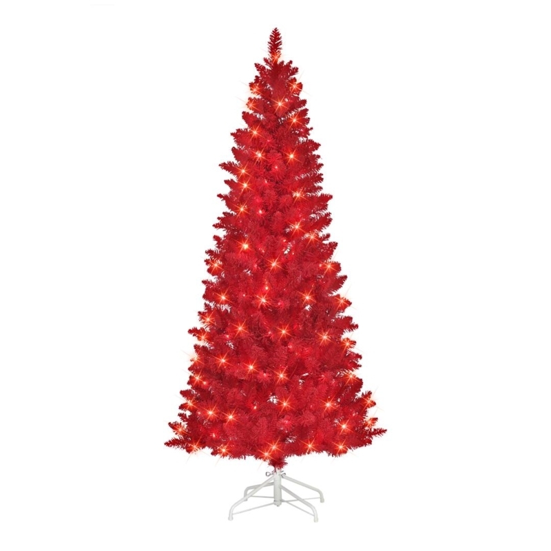 Artificial Christmas Tree Slim Red Tinsel Sheen Tripod Base Modern Decor