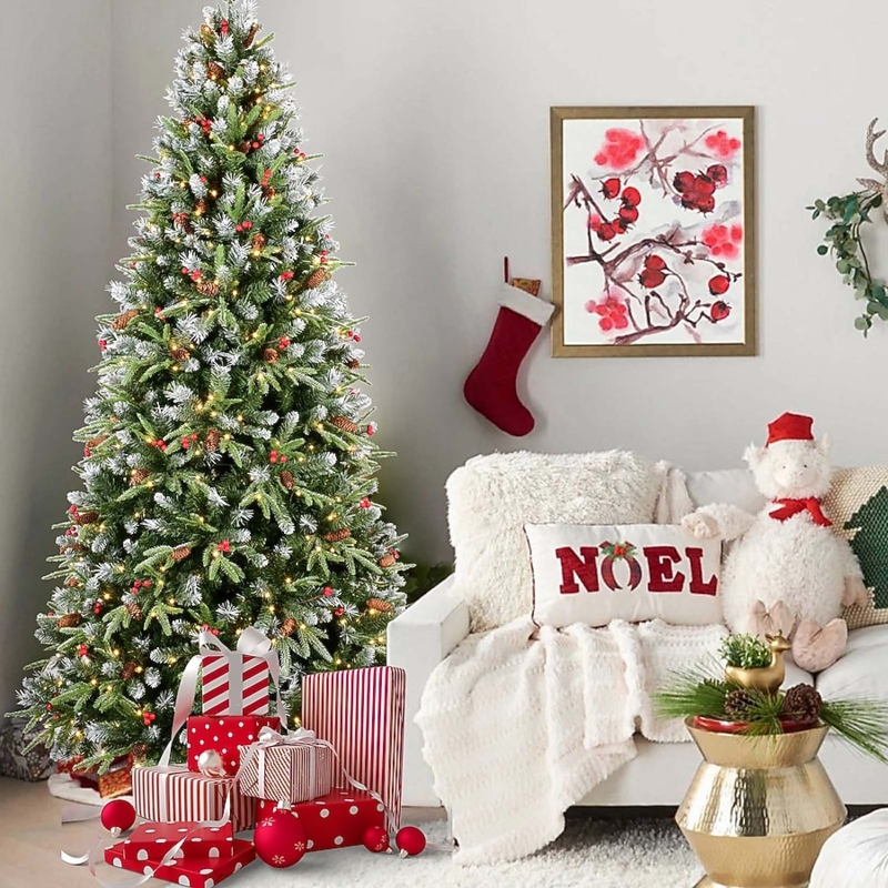 Artificial Christmas Tree Snow-Tipped Red Berries Pine Cones Pre-Lit
