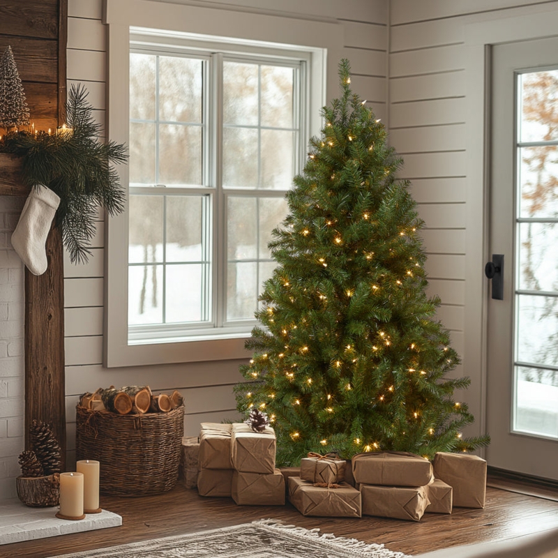 Artificial Evergreen Tree Realistic Tips Undecorated By Fireplace