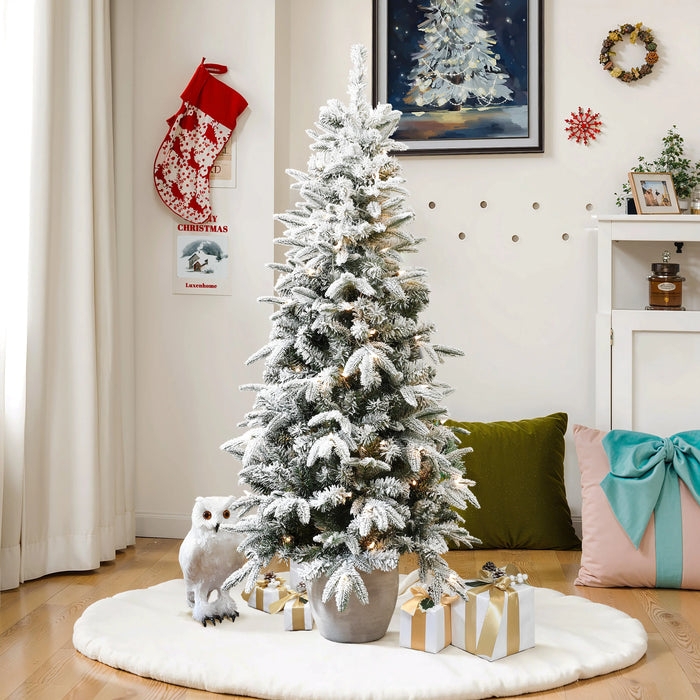 Artificial Fir Tree Potted Base Snow Flocked Slim Profile Pre-lit