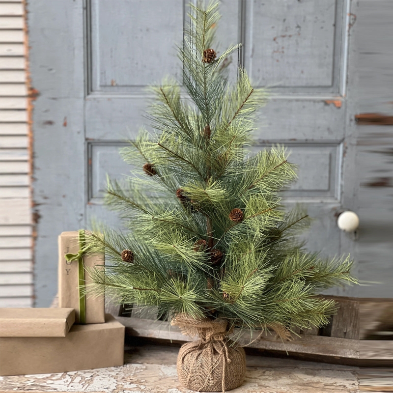 Artificial Pine Tree Tabletop Decor in Textured Grey Stone-like Pot