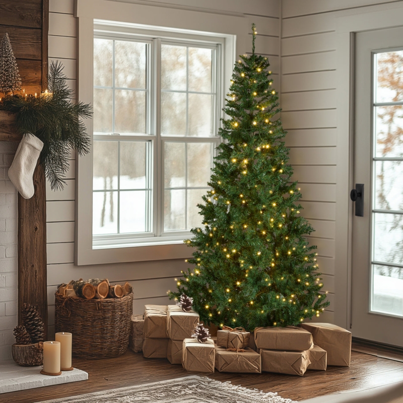Artificial Spruce Tree, Full Silhouette, Classic Green, Pre-Lit Warm LEDs.