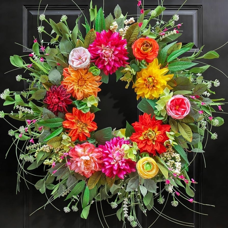 Artificial Wreath Lush Dahlia Rose Mix Farmhouse Front Door Wreath
