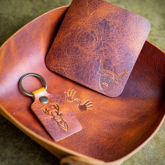 Artisanal Leather Decorative Tray Square Brass Studs