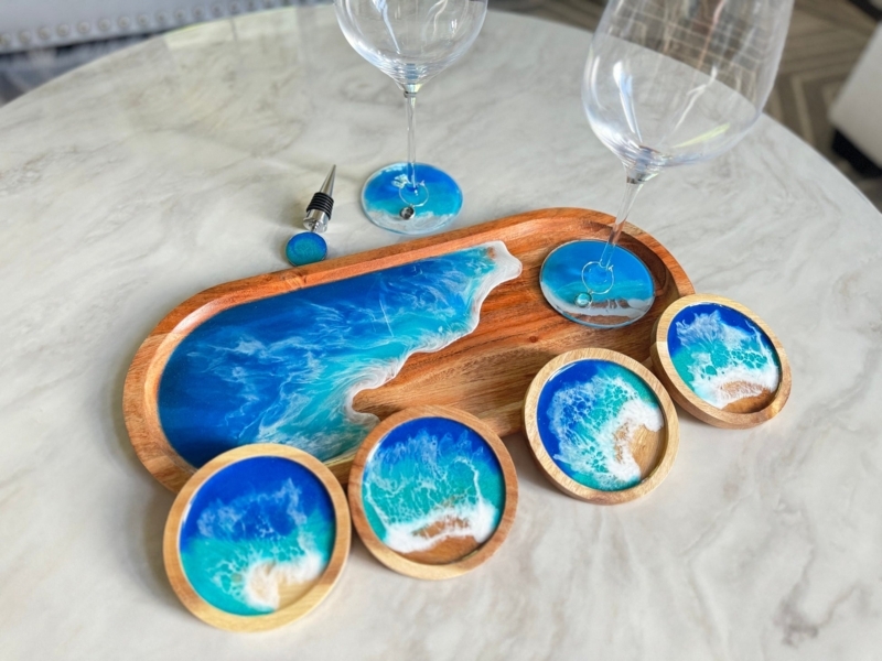 Artisanal Serving Tray Set with Resin Ocean Wave Art and Coasters
