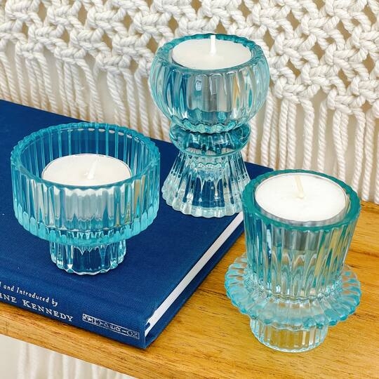 Assorted Cobalt Blue Ribbed Glass Candlestick Holders Vintage Set