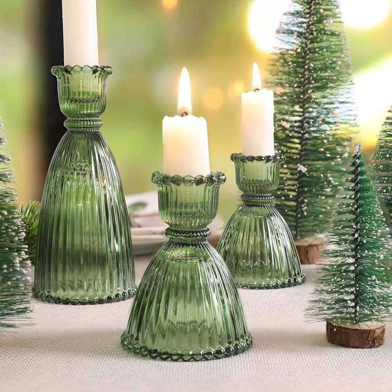 Assorted Emerald Glass Candlestick Holders Vintage Jewel Toned Set