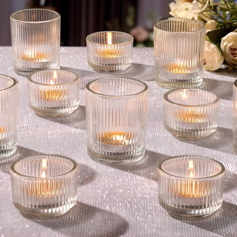 Assorted Votive Candle Holders Ribbed Glass Geometric Shapes Party Decor