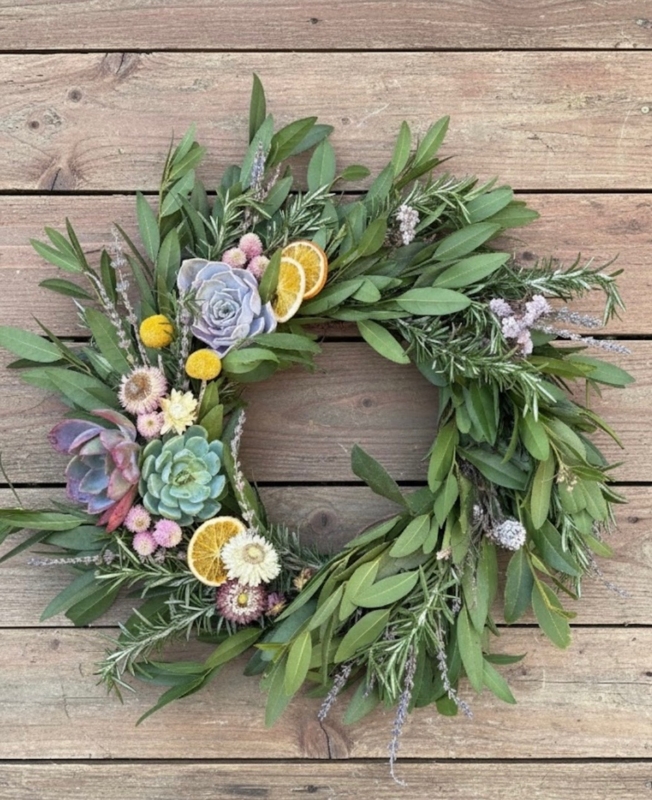 Asymmetrical Grapevine Wreath with Eucalyptus and Striped Ribbon