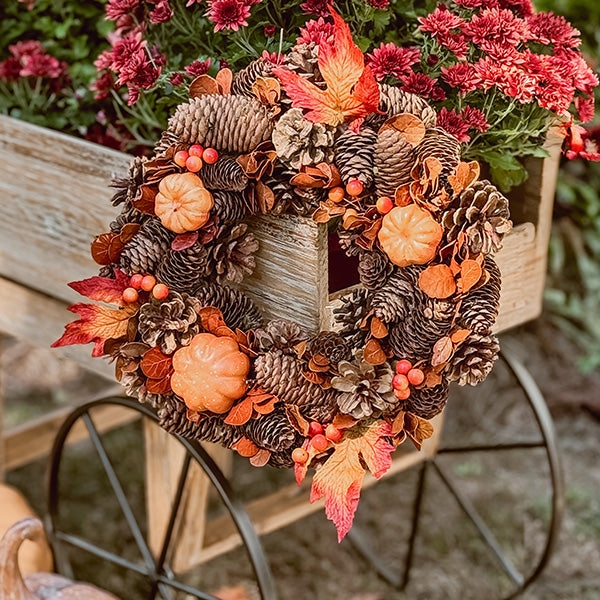 Autumn Foliage and Pinecone Wreath Earthy Harvest Season Door Decor