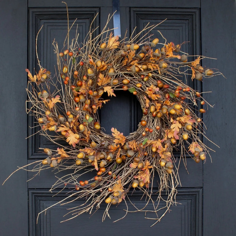 Autumn Wreath with Acorn Clusters & Leaves: Warm Harvest Door Decor