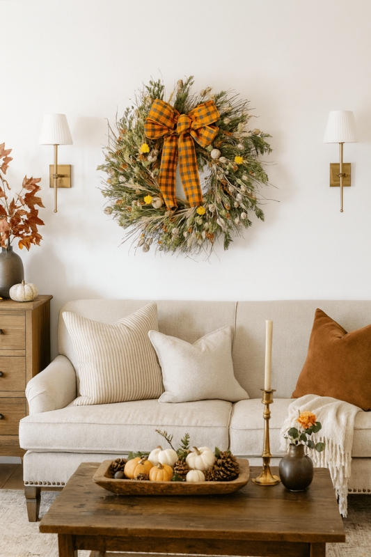 Autumn Wreath with Plaid Bow and Pumpkins for Rustic Decor