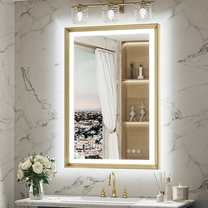 Backlit Rectangular Mirror with Brushed Gold Frame for Luxury Bathroom