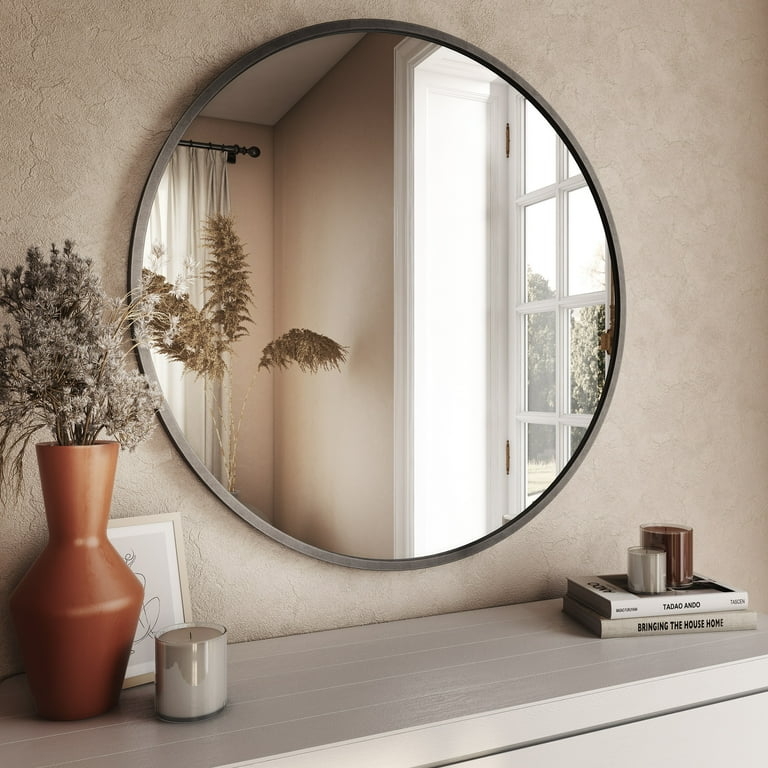 Bali Modern Round Wall Mirror - 32 inch Gray