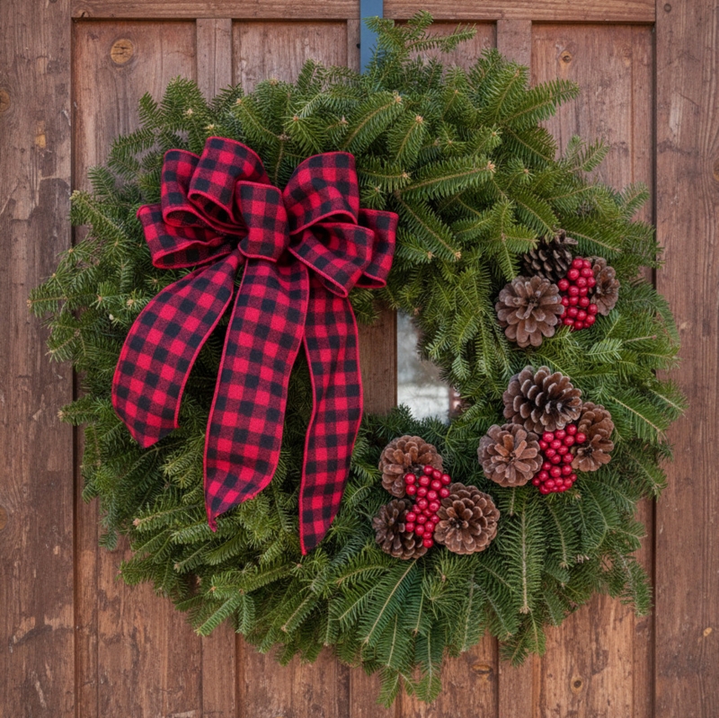Balsam Christmas Wreath with Buffalo Plaid Bow, Farmhouse Door Decor