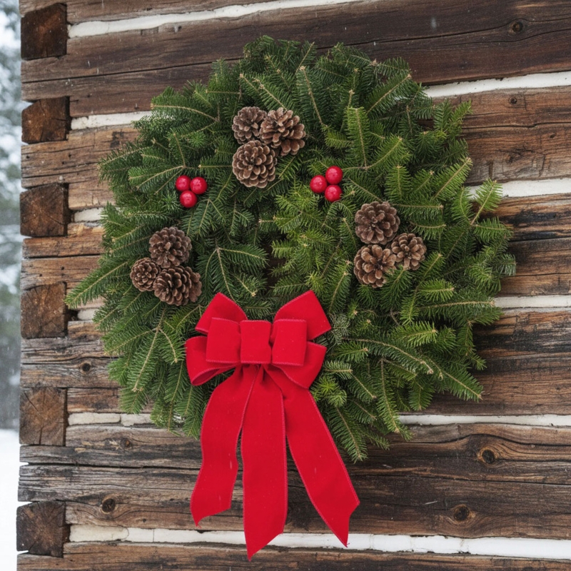 Balsam Fir Christmas Wreath with Red Plaid Accents