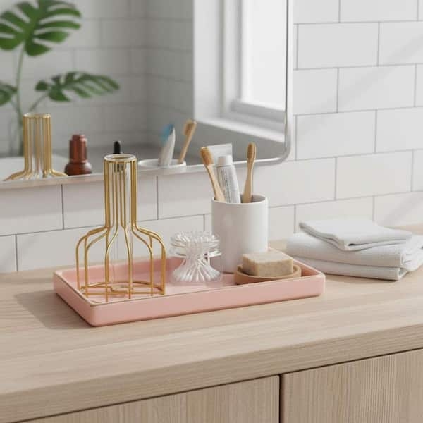 Bathroom Accessory Set Pink Ceramic 4-Piece Leaf Accent Feminine
