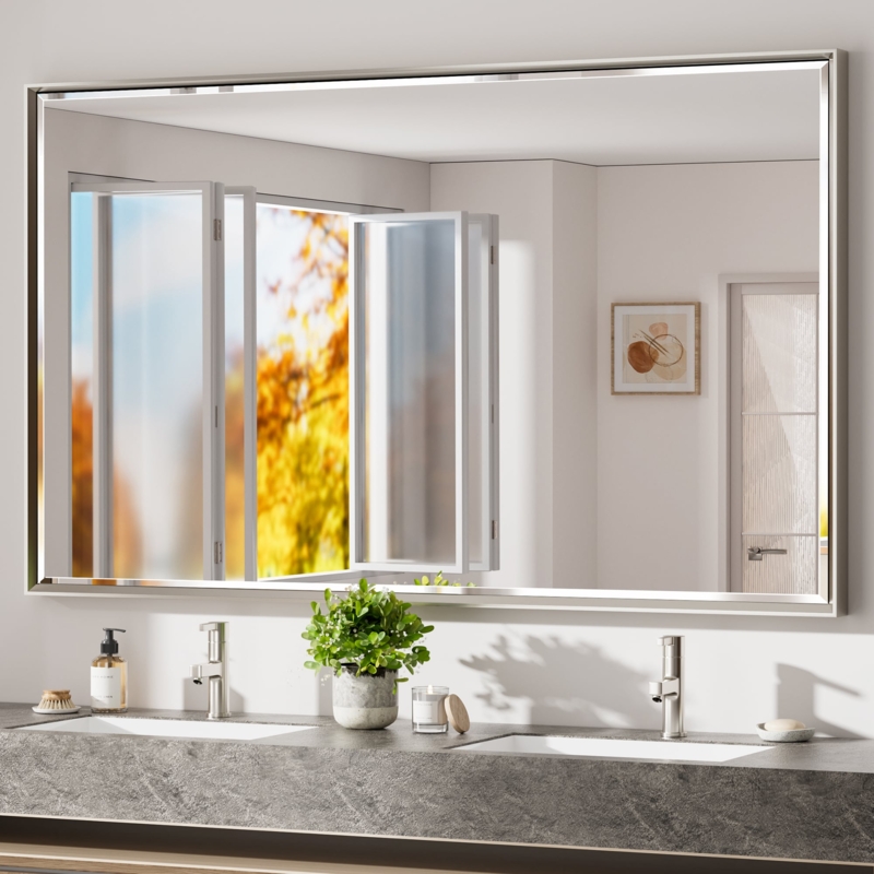 Bathroom Mirror Brushed Nickel Finish Rectangular Beveled Glass