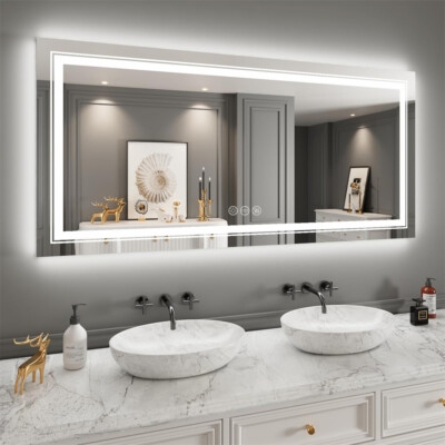 Bathroom Mirror, Dual LED Lighting, Backlit Halo. Dual Lighting Vanity. (71 chars)
