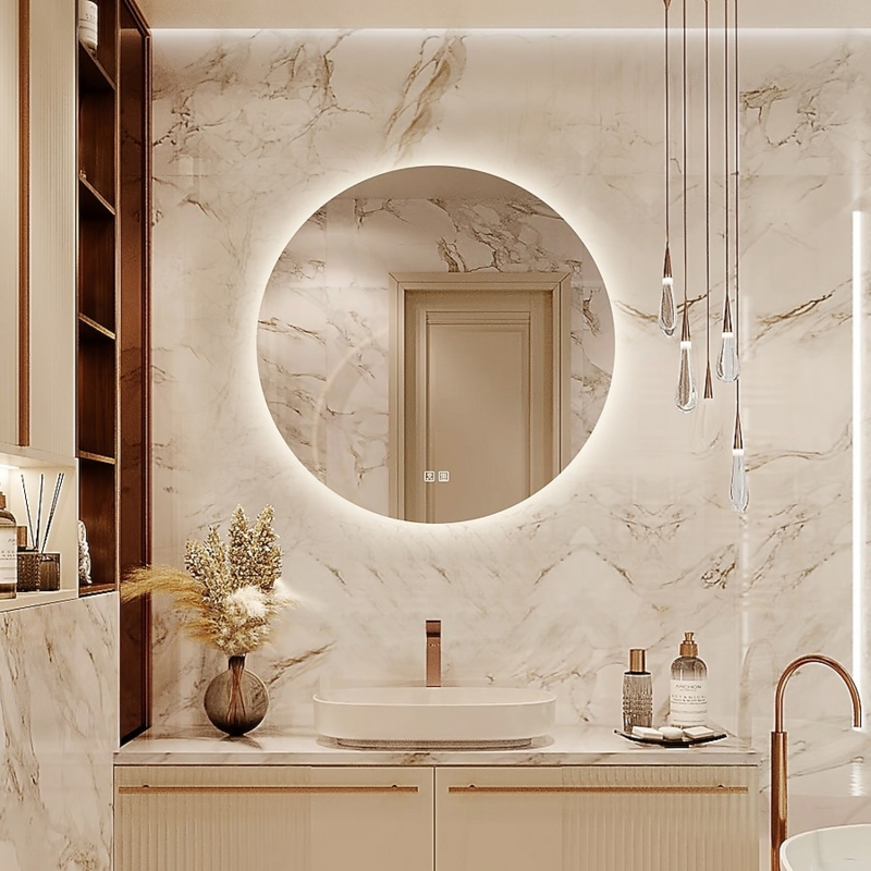 Bathroom Mirror Frameless Round Backlit Halo LED Modern Design
