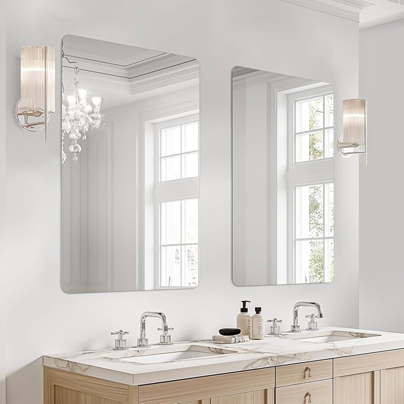 Bathroom Mirror Frameless Rounded Corners Modern Double Vanity Layout