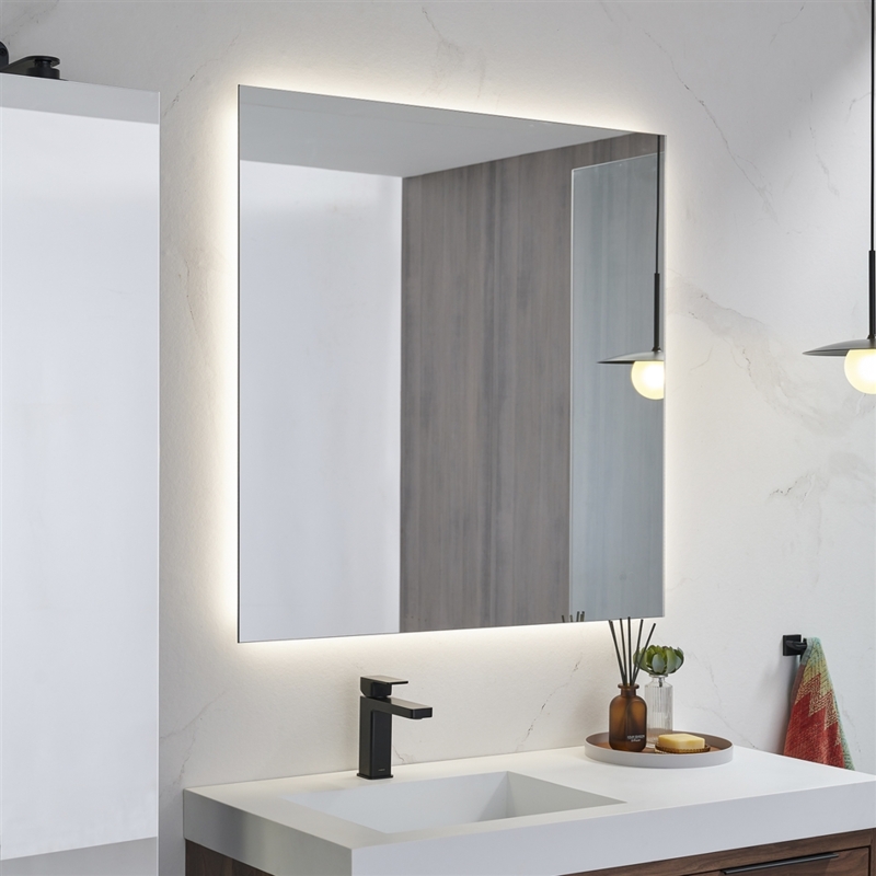 Bathroom Mirror, Halo Backlight, Frameless Glass. Halo Lighting Effect. (70 chars)