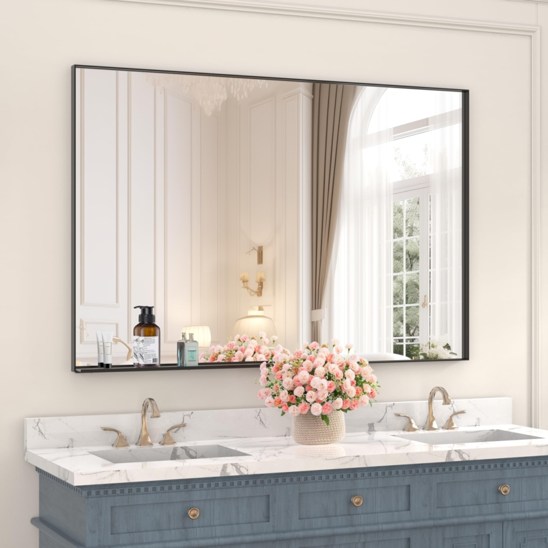 Bathroom Mirror Integrated Shelf Rectangular Dark Frame Extra Large