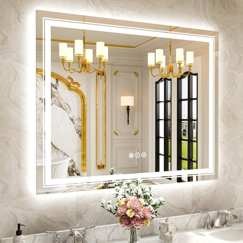 Bathroom Mirror Led Backlit over Floating Wood Vanity Design