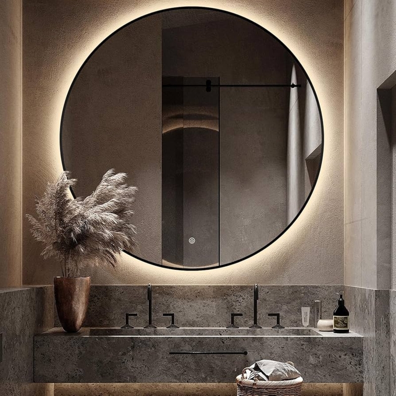Bathroom Mirror, LED Halo Effect, Oversized Circular, Matte Black Accents. (74 chars)