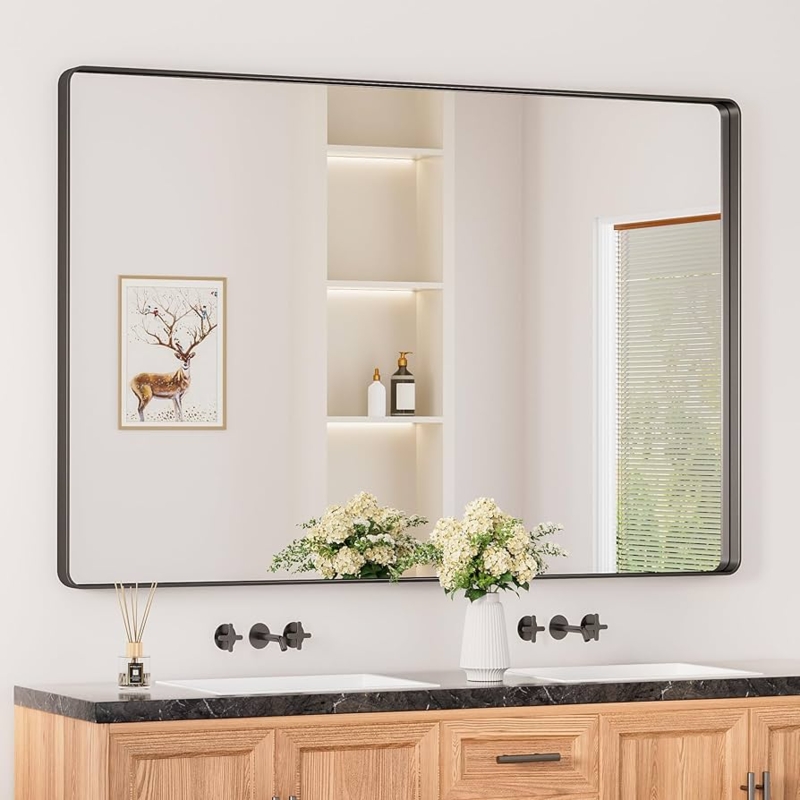 Bathroom Mirror Rounded Rectangle Matte Black Frame Farmhouse Vanity Idea