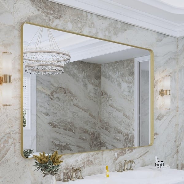Bathroom Mirror Slim Gold Frame Large Scale Rectangular Brushed Finish