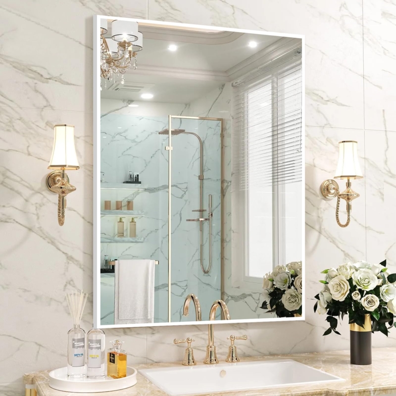 Bathroom Mirror Slim White Frame Rounded Corners Minimalist Vanity