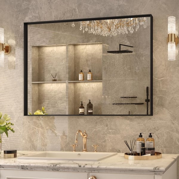 Bathroom Mirror Thin Black Frame Beveled Edge Oversized Horizontal