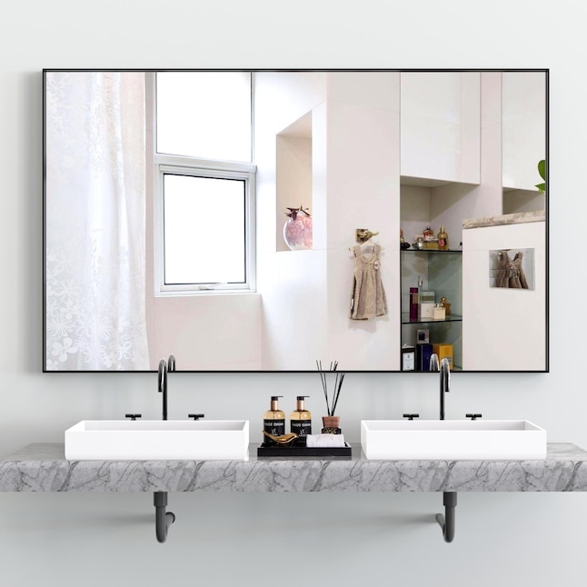 Bathroom Mirror Thin Dark Frame 60 Inch Width Double Vanity Pairing