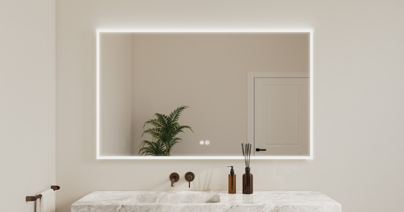 Bathroom Mirror, Warm Ambient Light, Rounded Corners. Backlit Vanity. (70 chars)