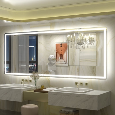 Bathroom Mirror with Digital Display, Rounded Corners LED Backlit Vanity