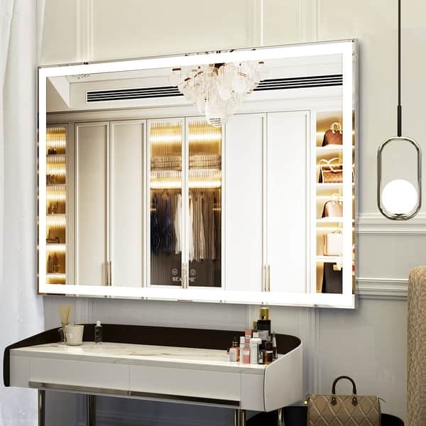 Bathroom Vanity Mirror Integrated LED Border Slim Silver Frame
