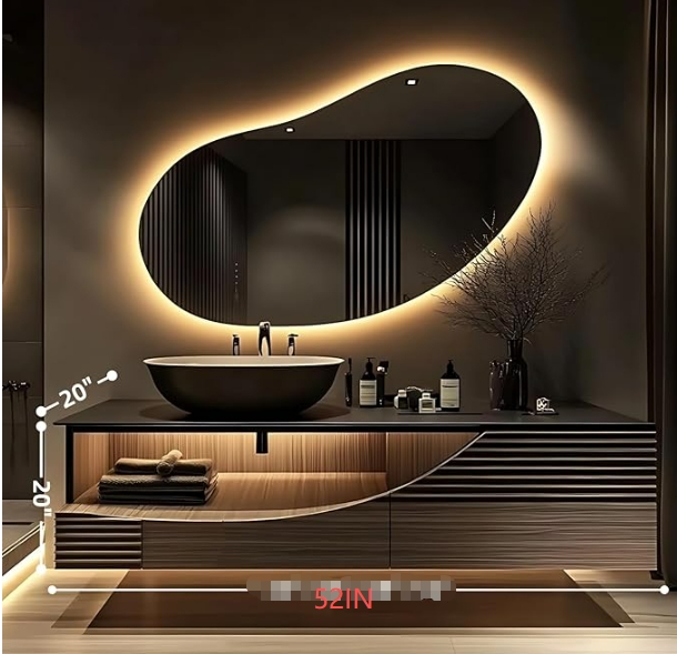 Bathroom Vanity Set Floating Wood Toned Matching Round Mirror Organic